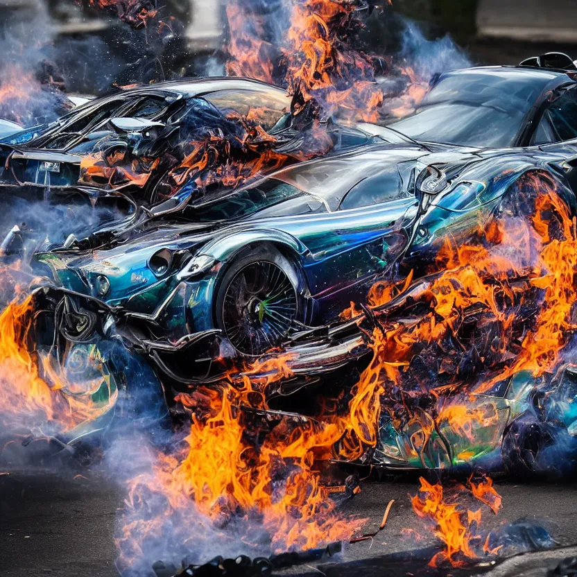 Image similar to close - up of an iridescent rainbow pagani huayra on fire after a big crash, 4 k, highly detailed, award winning, look at all that detail!