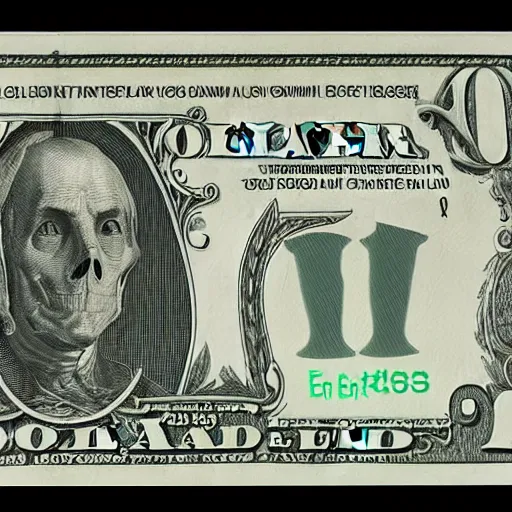 Image similar to dollar note with grim reaper, black ink on white paper