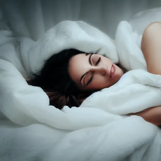 Prompt: highly detailed portrait of beautiful woman covered in white wet blanket sleeping in the clouds during sunset