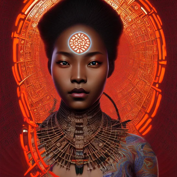 Prompt: symmetry! portrait of a hybrid african woman, face decorated with chinese opera motifs, leds horizon zero dawn machine, intricate, elegant, highly detailed, digital painting, artstation, concept art, smooth, sharp focus, illustration, art by artgerm and greg rutkowski and alphonse mucha, 8 k