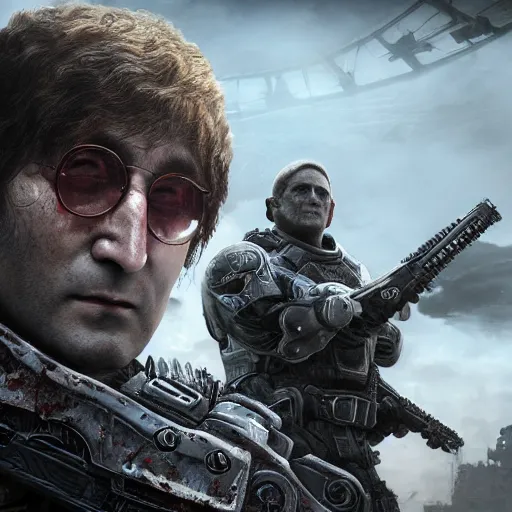 Image similar to john lennon in gears of war, covered in blood, ultra realistic, concept art, intricate details, highly detailed, photorealistic, octane render, 8 k, unreal engine, art by frank frazetta, simon bisley, brom