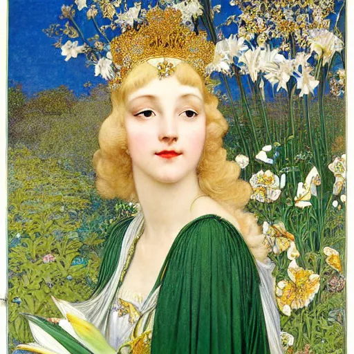 Image similar to beautiful blonde young woman wearing an elaborate jeweled headdress with lilies portrait by frank cadogan cowper, maxfield parrish, william morris, edmund dulac, and alphonse mucha, beautiful refined detailed dreamscape
