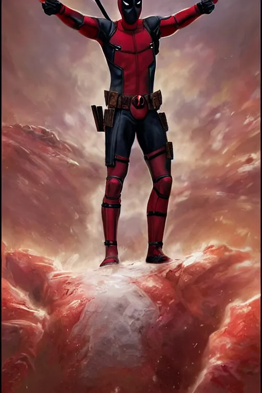 Image similar to photorealistic portrait photograph of deadpool as a glorious regal marvel hero, sleek outfit, upper body, fantasy, handsome, depth of field, soft focus, highly detailed, intricate, realistic, national geographic cover, soft glow, textured, artstation, concept art, sharp focus, illustration, art by artgerm and greg rutkowski and alphonse mucha