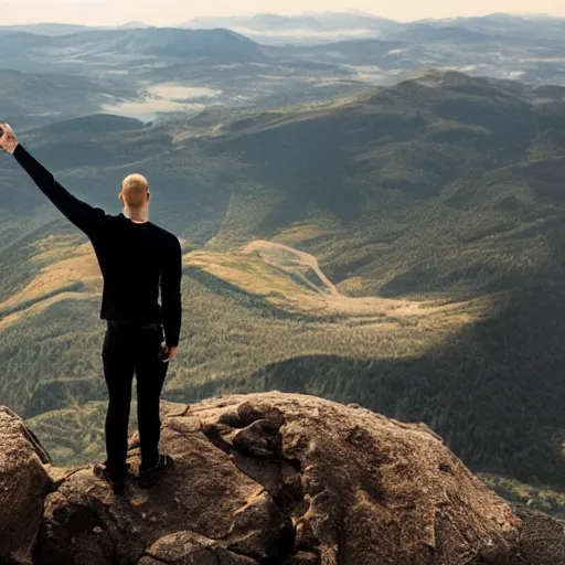 Prompt: hyper realistic man standing on mountain looking on the horizon, pointing, beautiful, optimistic, high quality