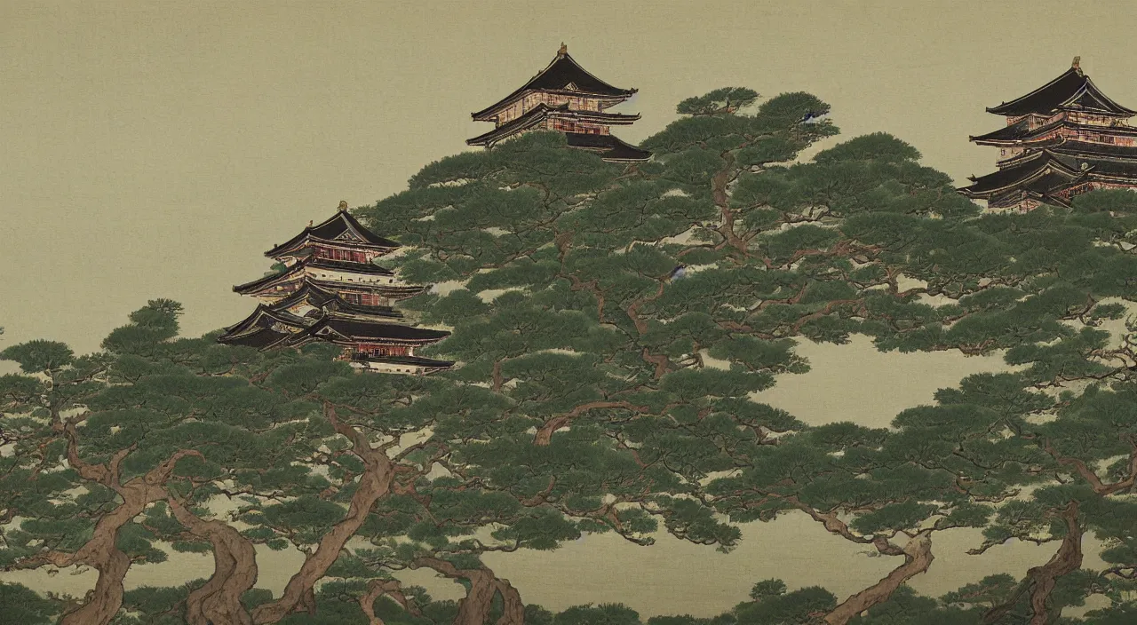 Prompt: a landscape painting of a Japanese castle