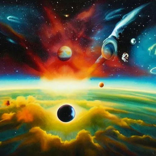 Prompt: surrealist painting of a view from a spaceship window of two planets colliding in space surrounded by beautiful nebulae