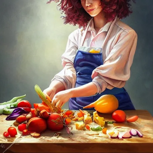 Image similar to a beautiful painting of a gorgeous young mother chopping vegetables on a weathered cutting board, representative of the art style of artgerm and wlop and peter mohrbacher