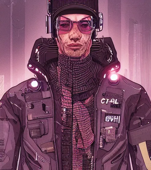 Image similar to a cyberpunk man with multiple digital patchwork faces, techwear, Industrial Scifi, detailed illustration, character portrait, by Martin Grip and Moebius