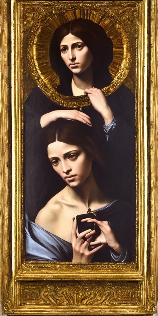 Prompt: a Pre-Raphaelite painting by Caravaggio of Kim Kardashian as the Virgin Mary, Catholic icon, halo, ornate, gilded, holding an iphone