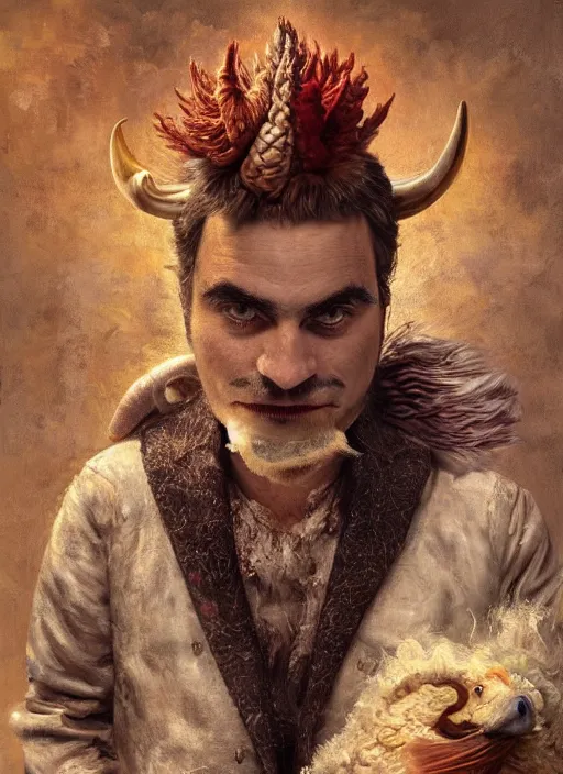 Image similar to a hyper detailed painting of an anthropomorphic joaquin phoenix as the king of animals, cow horns, pig nose, sheep wool, chicken feathers, horror, by anna podedworna, by miklos ligeti, by diego maricato, by taran fiddler, by antonino truisi, by chris reddie, on artstation