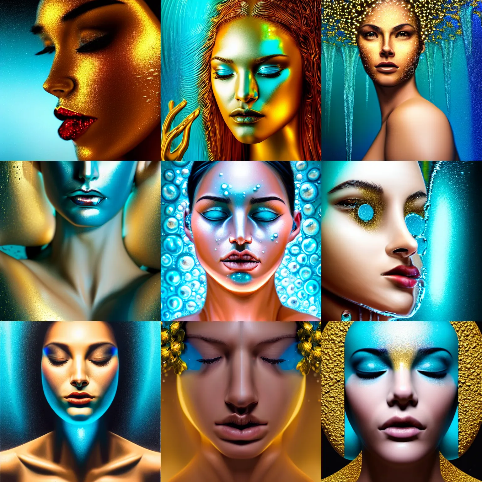 Prompt: hyperrealistic precisionist cinematic very expressive! savannah bond goddess, water mirror dripping droplet!, gold flowers, highly detailed face, digital art masterpiece, smooth eric zener cam de leon, dramatic pearlescent turquoise light on one side, low angle uhd 8 k, shallow depth of field