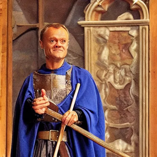 Image similar to donald tusk in medieval times look like merlin magic spells costume high details cinematic mood