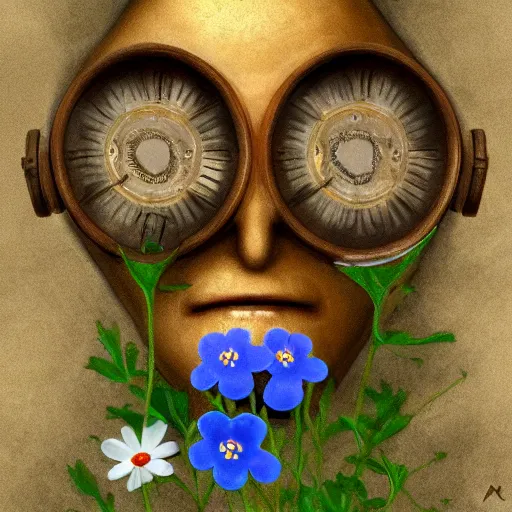 Image similar to Clockwork forget-me-nots form a sad mask in the faint sunflower glow of a lonely friend, artstation