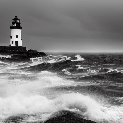 Prompt: award winning photograph of a lighthouse being battered by stormy seas, dark, moody, cinematic, 8k