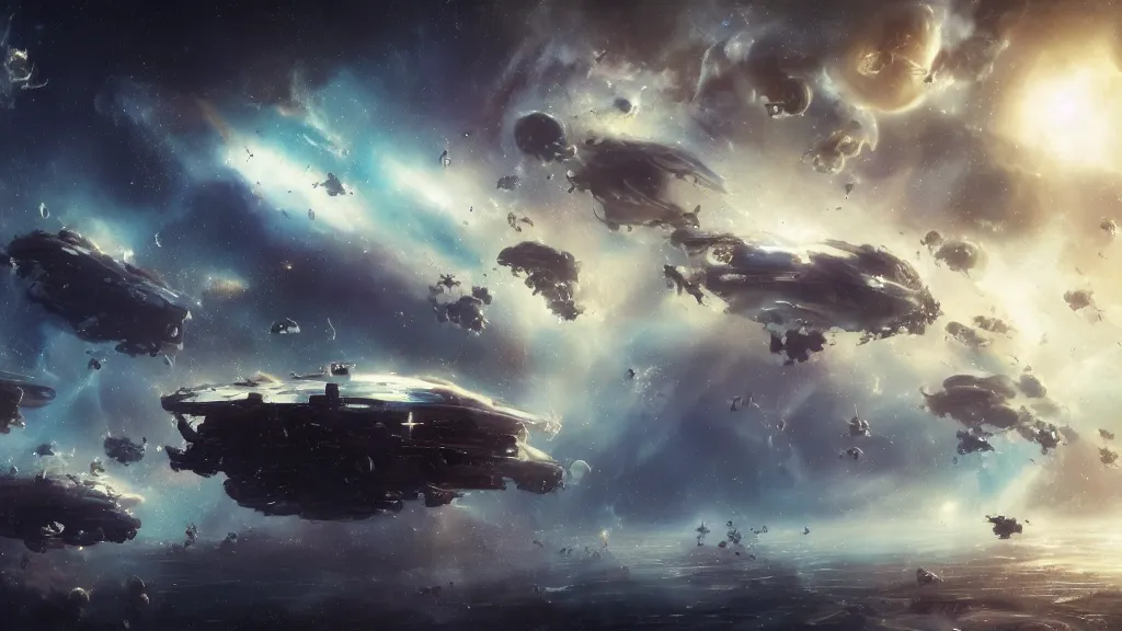 Prompt: a million space drones in a nebula. andreas achenbach, artgerm, mikko lagerstedt, zack snyder 3 8 4 0 x 2 1 6 0