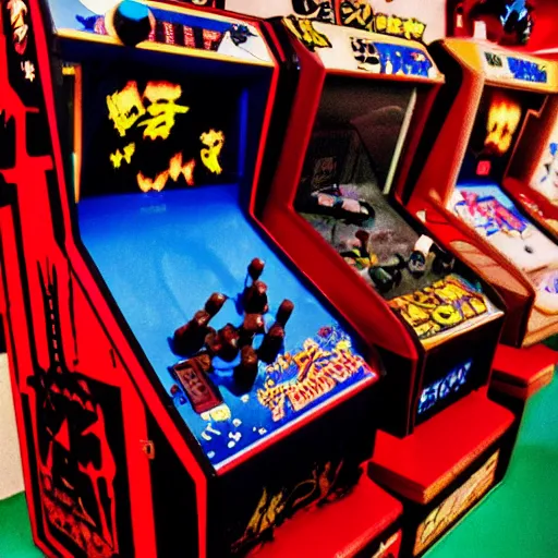 Image similar to grimey japanese retro arcade filled with satanic arcade cabinets, demonic, 9 0's gaming, satanic