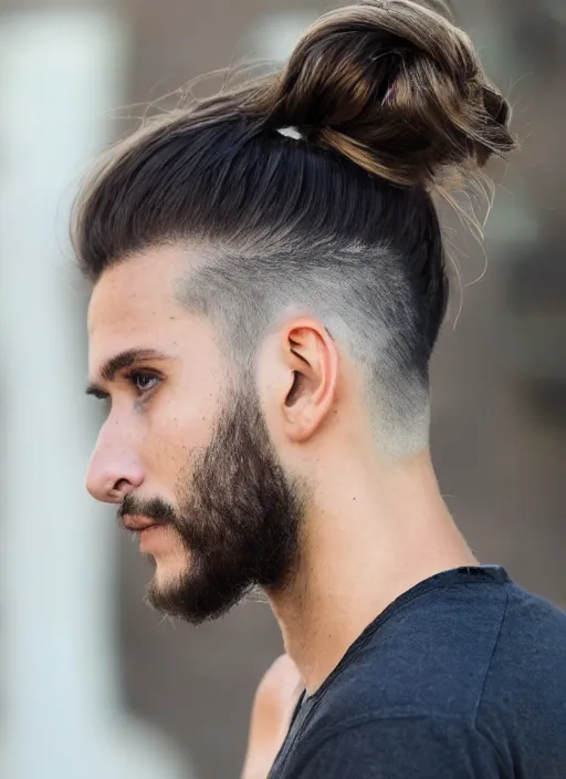 Prompt: a skinny young white male with a dark brown man bun for hair