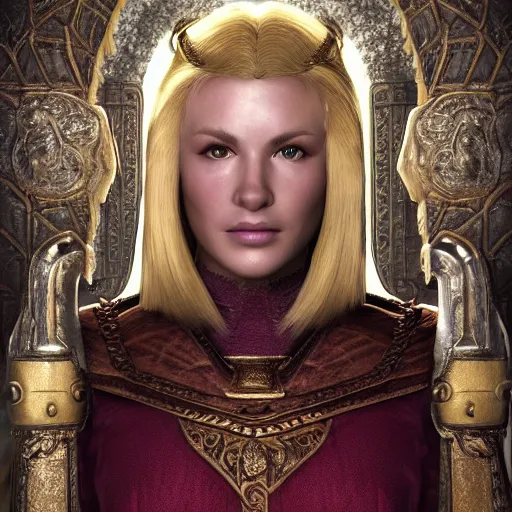 Image similar to the elder scrolls vi, majestic, gracious regal blonde female nord jarl portrait, palatial garden mysterious, mysterious atmospheric lighting, painted, intricate, volumetric lighting, beautiful, rich deep colours masterpiece, golden hour, golden ratio, sharp focus, ultra detailed, by mark kent, jordan lamarre - wan, igor kieryluk, maxim verehin, miranda meeks