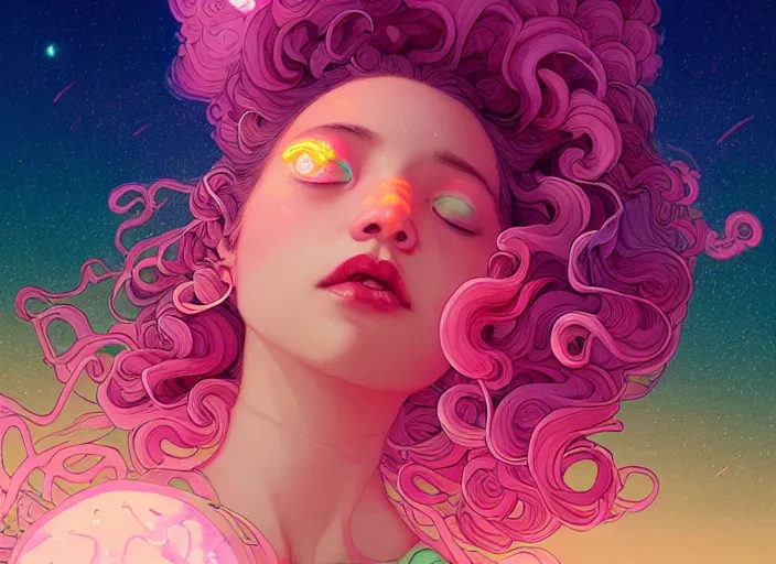 Prompt: harmony of rose quartz woman, curly pink hair, night sky, looking up, swirly clouds, neon yellow stars, by wlop, james jean, victo ngai! muted colors, highly detailed, fantasy art by craig mullins, thomas kinkade