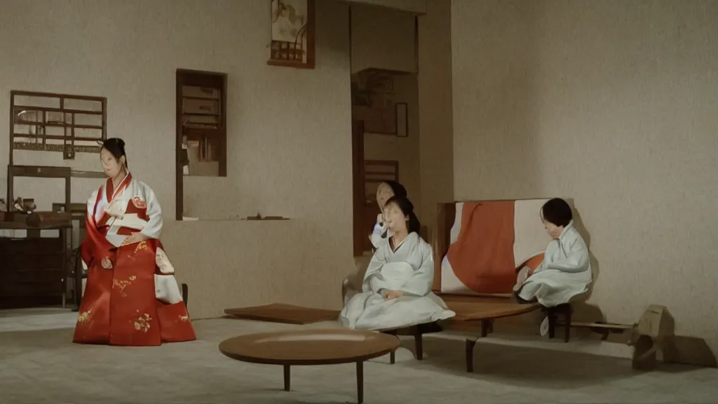 Image similar to woman in hanbok sitting on a couch, starfish monster's shadow is seen behind her, korean interior, cinematography by denis villeneuve and akira kurosawa and ishiro honda