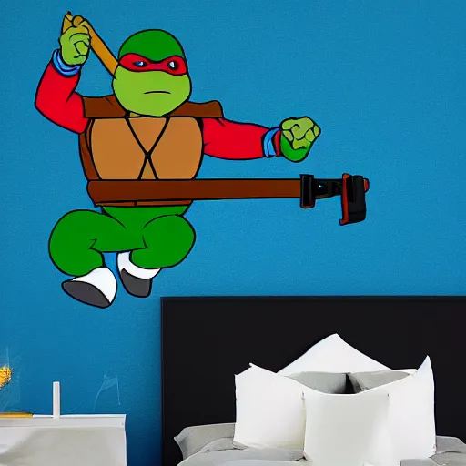 Image similar to svg sticker art of a teenage-mutant-ninja-turtle, flying towards the camera armed with nun-chucks