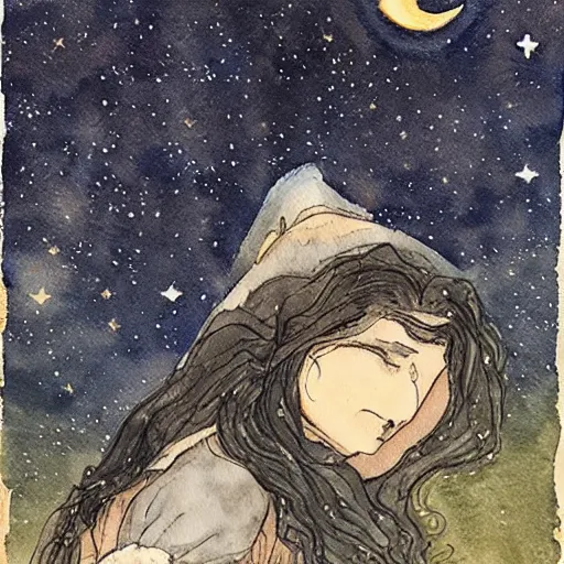 Prompt: watercolour painting in a spellbook of a sleeping woman on a dark beautlful starry night, constellations by charles vess and titian on black matte very textured paper