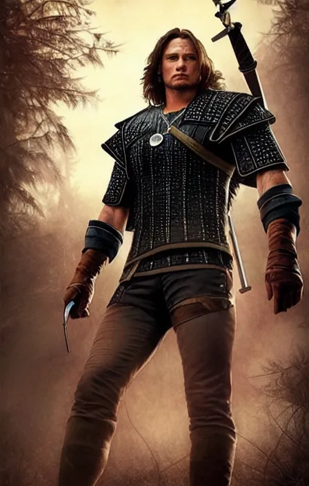 Image similar to pretty muscular sam winchester as the witcher in a romantic book cover, fantasy style, sharp focus!, ultra detailed, art by artgerm and peter andrew jones, wlop