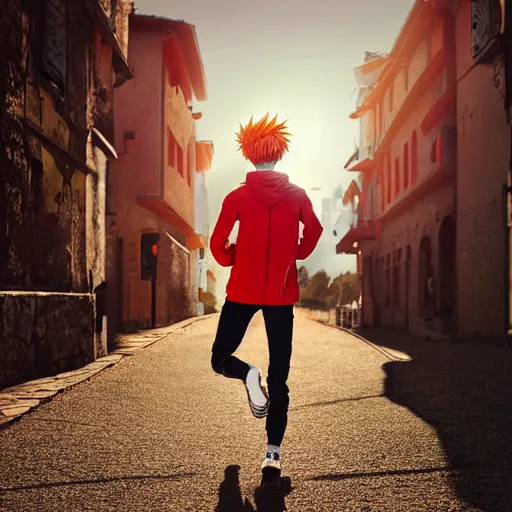 Image similar to orange - haired anime boy, 1 7 - year - old anime boy with wild spiky hair, wearing red jacket, running through italian town, yellow sunshine, sepia sun, ultra - realistic, sharp details, subsurface scattering, intricate details, hd anime, 2 0 1 9 anime