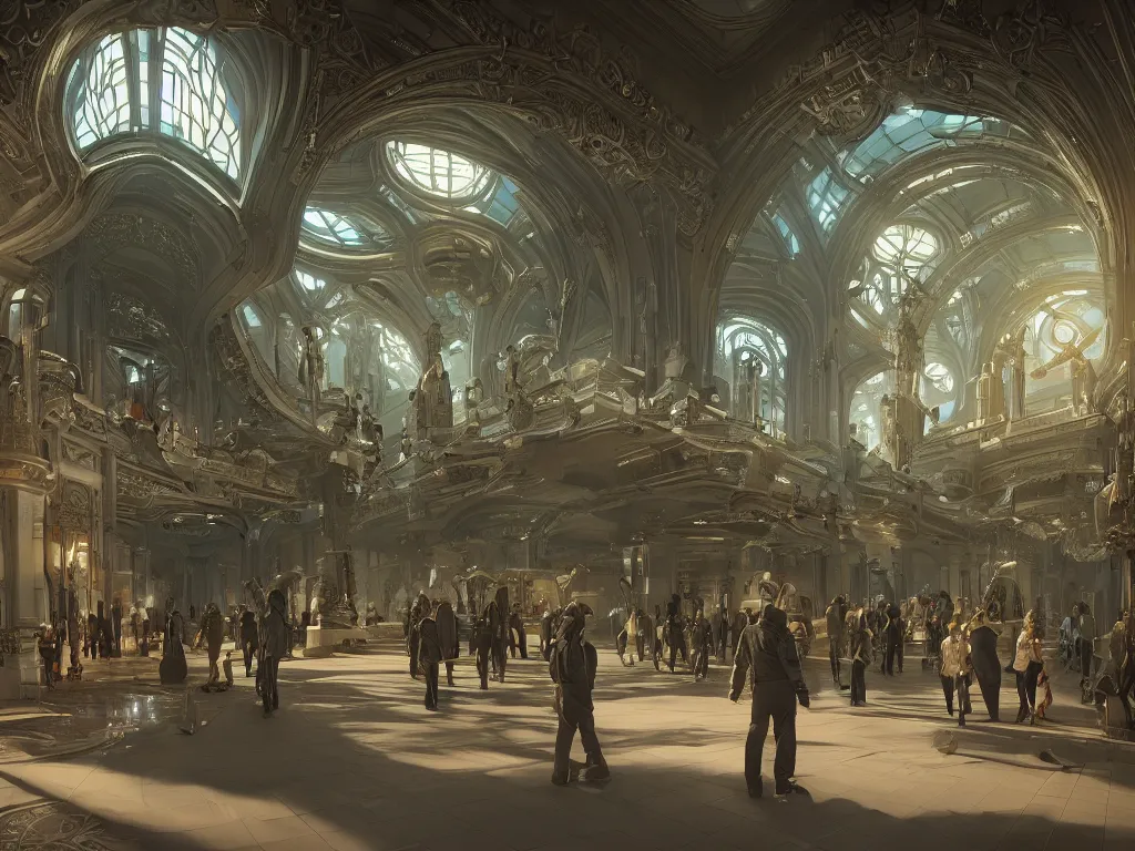 Prompt: cinematic movie scene, 120mm wide shot, precise architectural rendering, interior of a sci-fi space station with ornate art nouveau architecture, bustling with people and robots, planets and moons visible through windows, gothic architecture, emerald, crystalline, detailed illustration, sharp focus, concept art, unreal engine, octane render, god rays