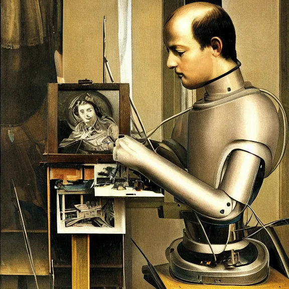 Prompt: robot artist painting a self - portrait on a canvas. intricate, highly detailed, photorealistic, film still, by hans thoma.