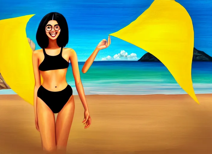 Image similar to a girl with black hair, with a very beautiful symmetrical face, a smile on her face, tanned skin, in a yellow bikini, against the background of a sea beach, in art style, high detail, digital painting