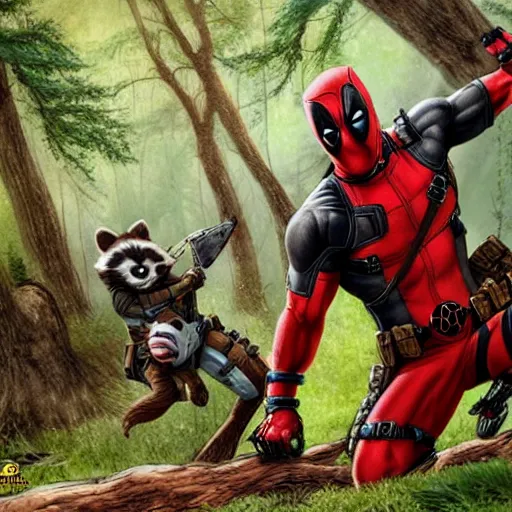 Image similar to deadpool and rocket raccoon in the woods digital art 4 k detailed