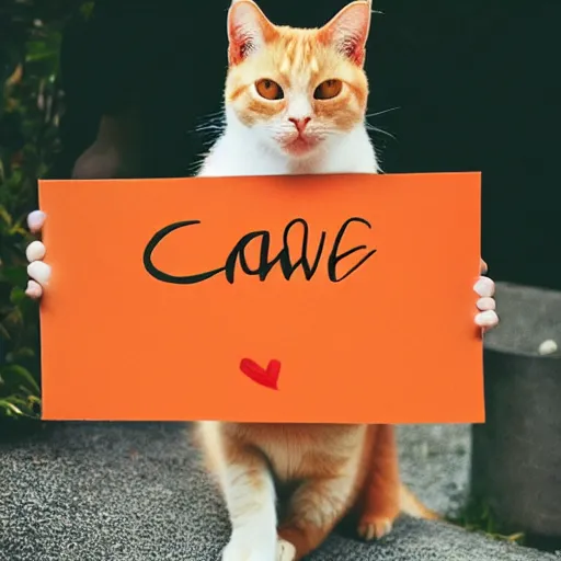 Image similar to orange tabby cat holding a sign that says