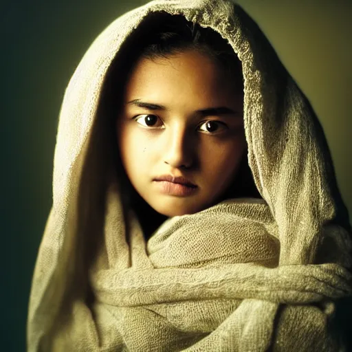 Prompt: well-lit studio portrait of 15-year old girl with wide, anxious eyes and parted lips wearing a shawl by Steve McCurry