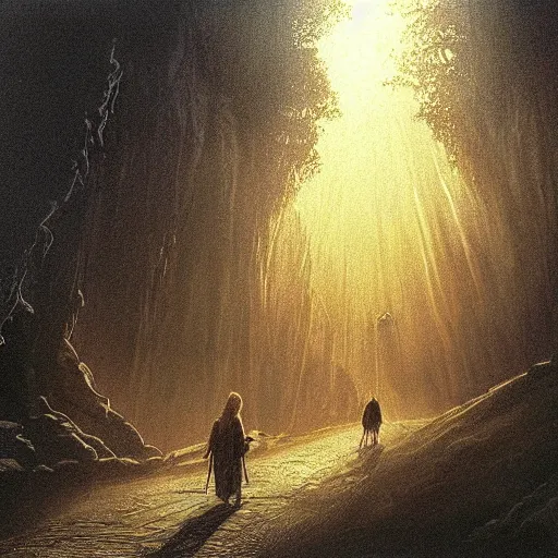 Image similar to A scene from The Lord of the Rings, with Frodo and Sam walking through Mordor. The colors are very dark and ominous, and the composition is very simple. This is an illustration, done in a traditional painting style with a focus on light and shadow. The artist is Alan Lee, and the artwork is called The Journey