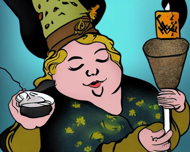 Image similar to fat witch smokin bong. the witch is smoking a bong.