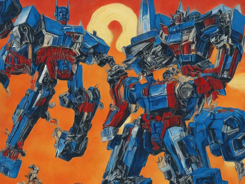 Prompt: a detailed color illustration of optimus prime riding a fat pony, in the style of frank frazetta. sharp focus.