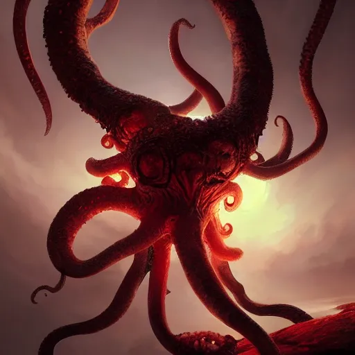 Prompt: Forest Octopus under the red sun of Akkaroth, before the final culling, parlay with a necromancer, trending on artstation, high detail, masterpiece, in the style of Ruan Jia and Brad Rigney