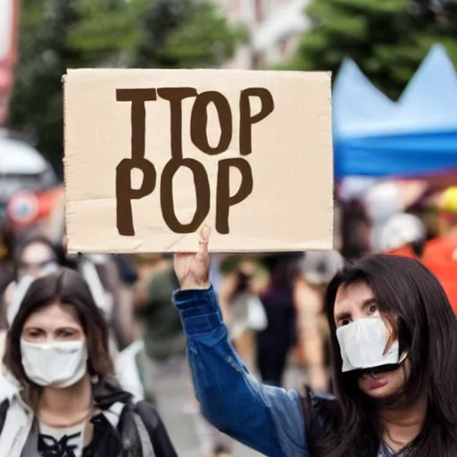 Image similar to of an environmentalist holding up a plastic sign saying stop using oil now photorealistic