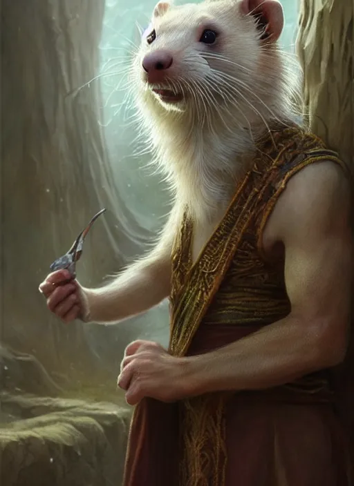 Prompt: a beautiful closeup shot from a fantasy film of a humanoid ferret wearing a loose tunic. an anthropomorphic ferret. portrait. james gurney, greg rutkowski.