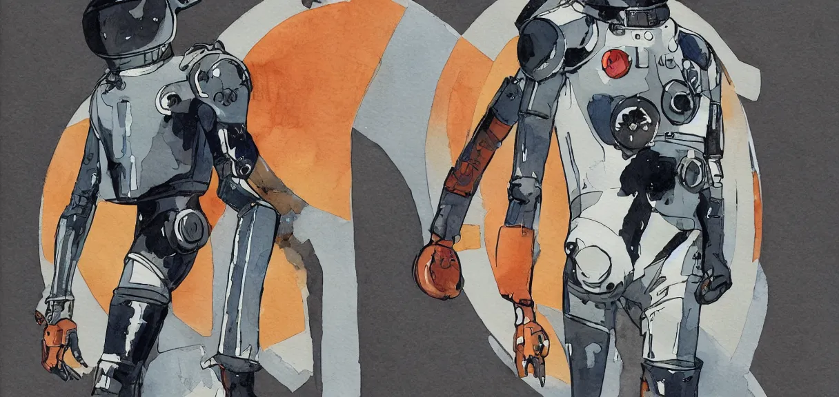 Image similar to male, full body!!!!!!, space suit with a modern helmet, large shoulders, short torso, long thin legs, tiny feet, character sheet, science fiction, very stylized character design, watercolor digital painting, by mike mignola, by alex maleev, jean giraud, painted by leyendecker