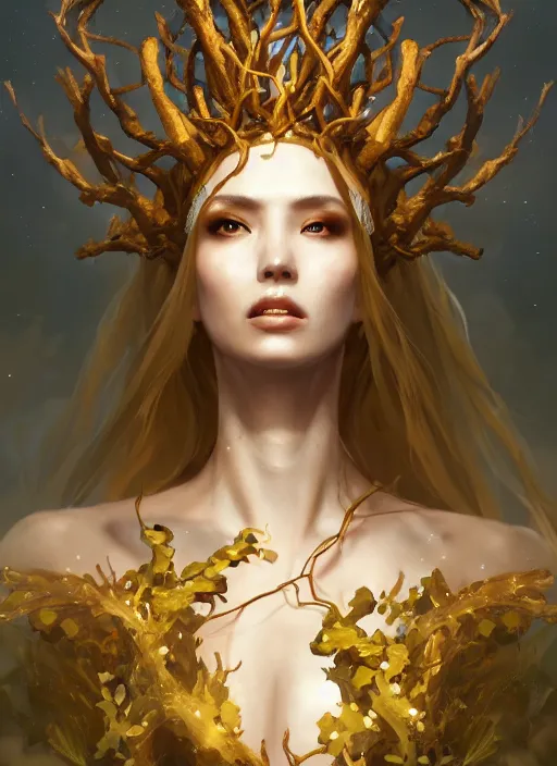 Prompt: Half-body portrait of a beautiful dryad high priestess queen with golden vine crown and white robes. In style of Hyung-tae Kim and Greg Rutkowski, concept art, trending on ArtStation, Korean MMORPG, over-detailed art, 8K, epic, dynamic lightning, dramatic pose.