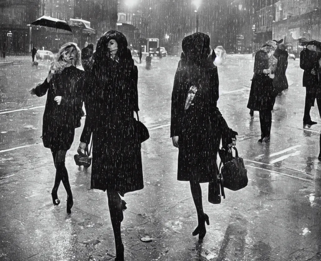 Image similar to 1960s fashion photography on the streets of London photographed by Annie Leibovitz, flash photography, holga, raining!, nighttime, colorful, photorealistic, atmospheric,