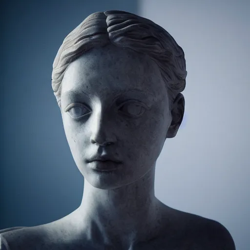 Image similar to artistic portrait of a female marble statue, art by alessio albi 8 k ultra realistic, crying, lament, wings, lens flare, atmosphere, glow, detailed, intricate, full of color, led lighting, trending on artstation, 4 k, hyperrealistic, 3 5 mm, focused, extreme details, unreal engine 5, masterpiece