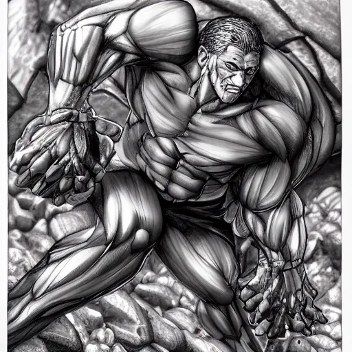 Image similar to a crawling mountain of muscles, highly detailed, anime, award winning pictures, by studio mappa, by studio wit