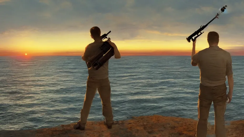 Prompt: a movie still of a man holding a rocket launcher, standing on the roof of a car driving through the ocean at sunset, golden hour, watching a mushroom cloud on the horizon