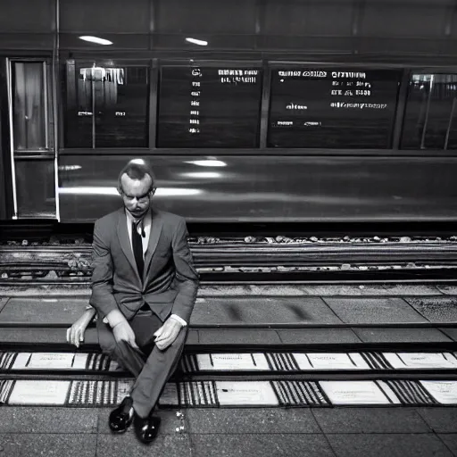 Image similar to a man in a suit waiting at a train station suspended in outer space, award-winning photograph