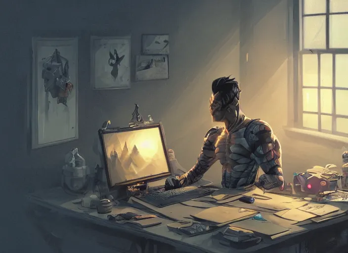 Image similar to an insanely detailed painting of an asian man wearing a homemade superhero costume, sitting at a desk, staring at the nervously at the computer and typing, in the style of peter mohrbacher, dramatic lighting and composition, surreal background, octane render, pixar, trending on artstation, concept art, comic book, view from behind