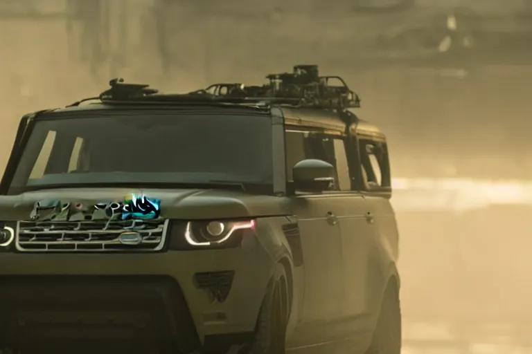 Image similar to A cinematic film still of a Land Rover in the movie Blade Runner: 2049.