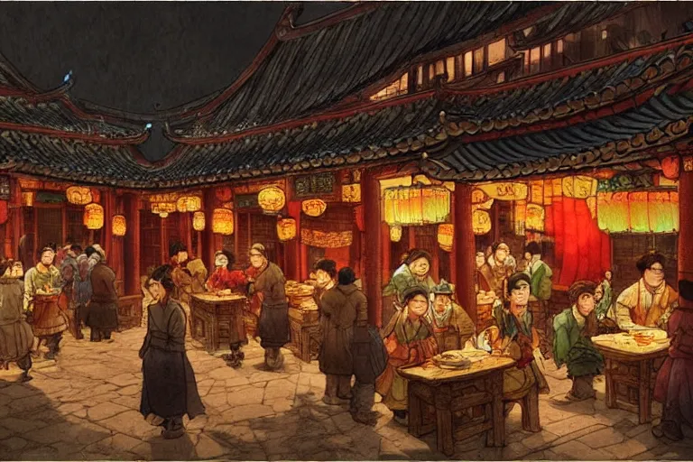 Image similar to fantasy art of a bustling tavern in china, at night, by anton pieck, highly detailed digital art, trending on artstation